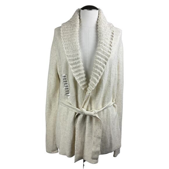 Armani Exchange Women's Cardigan L Cream Belted Shawl Collar Long Open Sweater - Picture 1 of 8